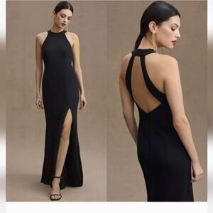 BHLDN Anthropologie Lennox Halter Open Back Side Slit Gown Maxi Dress Black 8